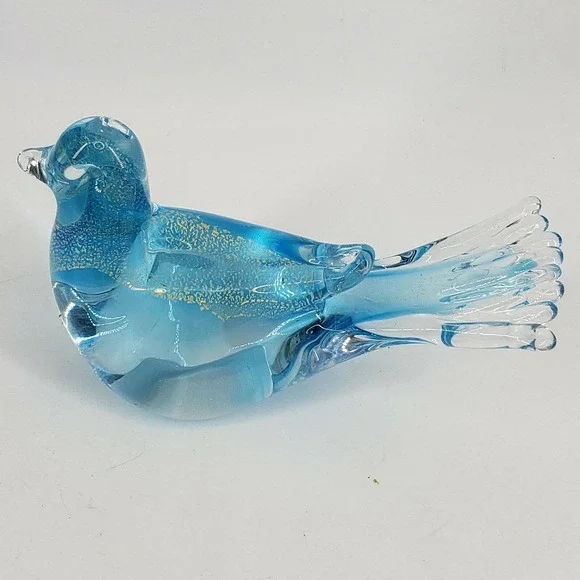 Hand Blown Art Glass Aqua Blue Gold Aventurine Bird Dove Figurine - Picture 2 of 6